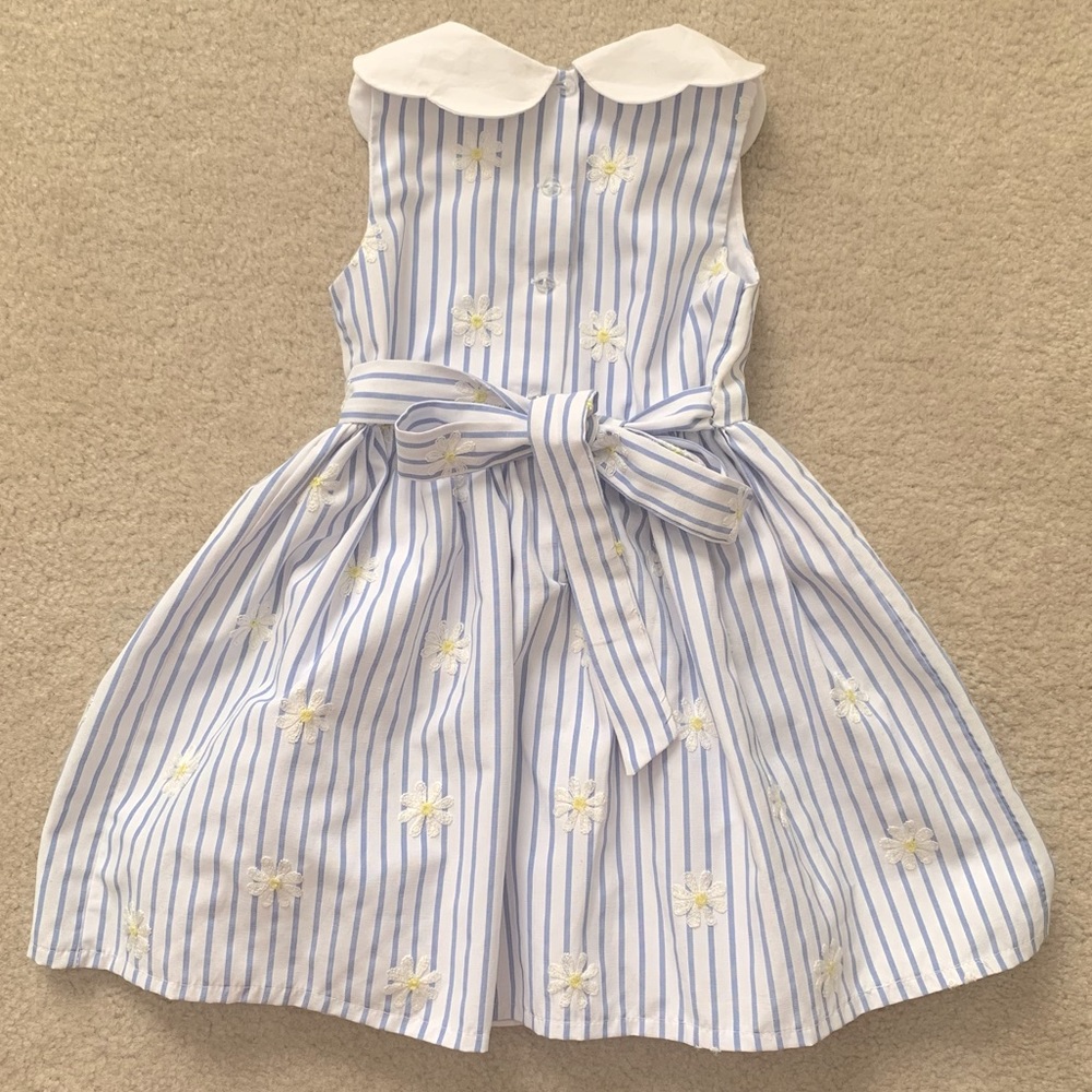 Rare Editions Blue & White Striped Dress With Embroidered Daisies - Picture 2 of 12
